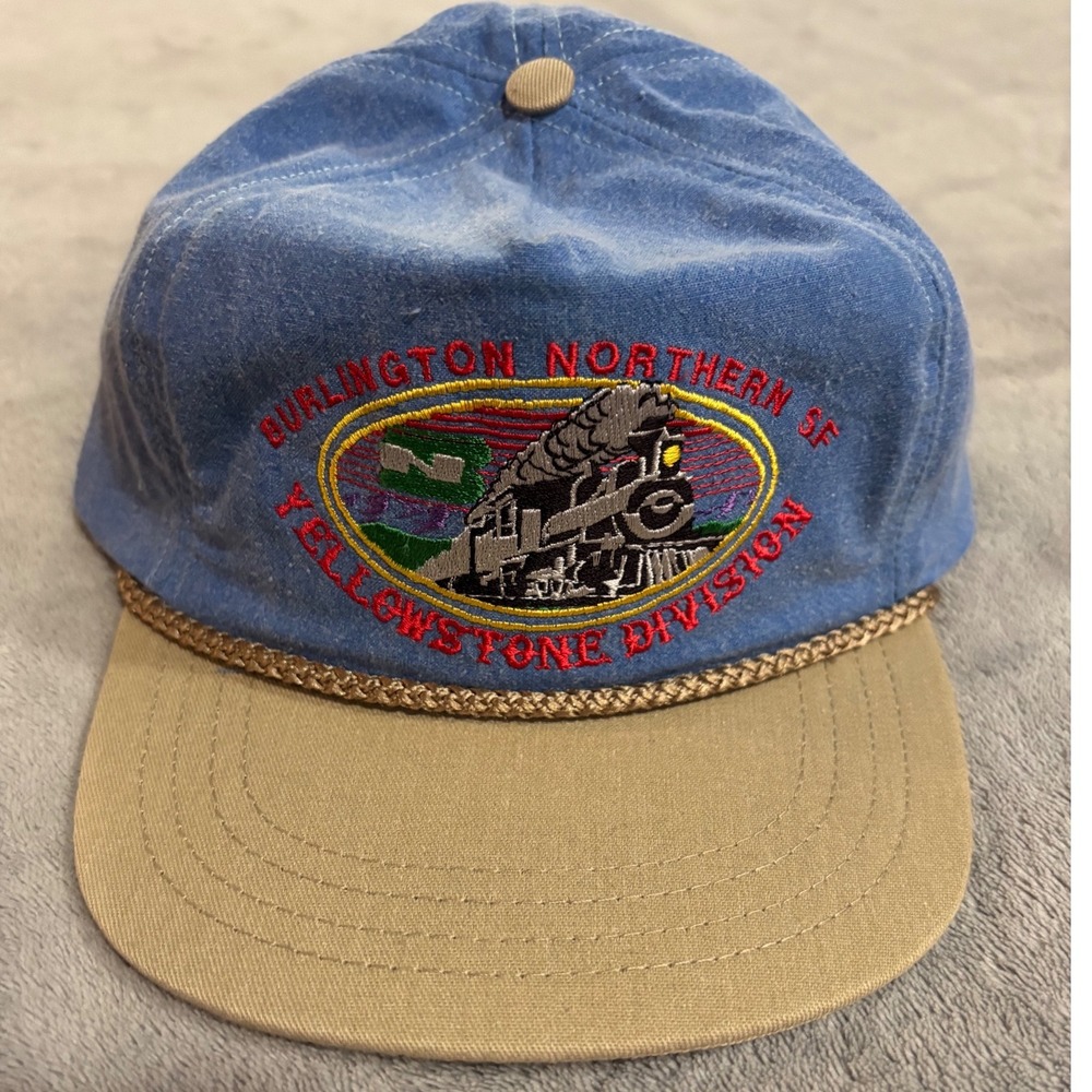 Vintage Burlington Northern SF Yellowstone Division Train Hat U-Grin Blue Tan